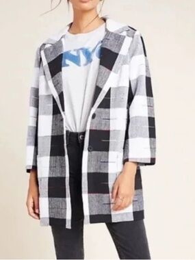 Anthropologie The Odells Cairo Plaid Blazer Jacket Black White Gingham Check L